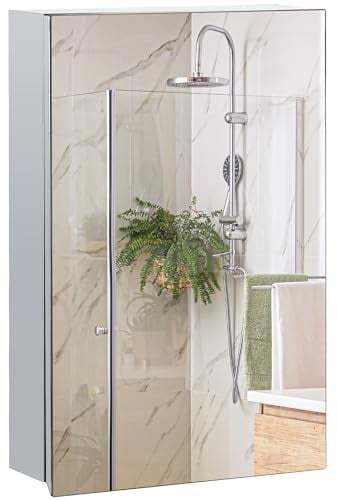 kleankin Spiegelschrank, Badezimmerschrank mit 3 Ebenen, Medizinschrank für Badezimmer, Schlafzimmer, Edelstahl, Silber, 39 x 12 x 60 cm
