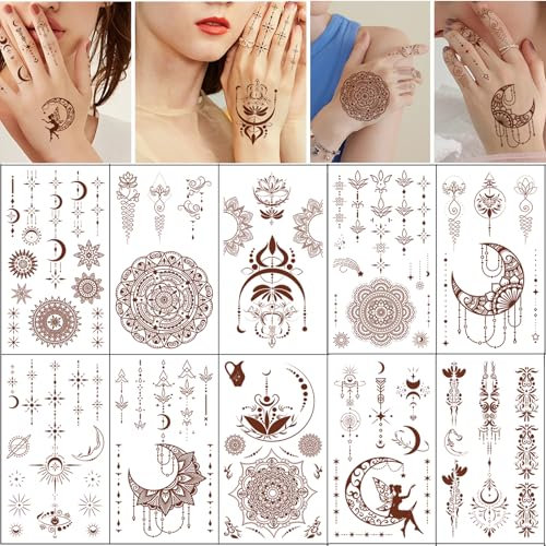 Qpout 10 Sheets Brown Red Temporary Tattoos,Waterproof Fake Tattoos Temporary Tattoo Kits for Women Girls, Lotus Mandala Flower Tattoos Stickers Neck Chest Arm