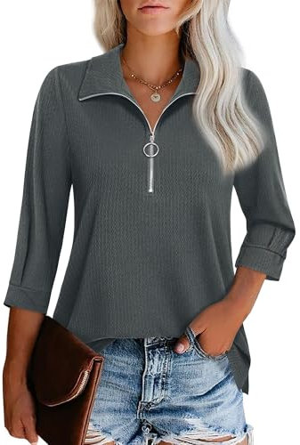 Cuptacc Damen Tshirt Half Zip Design Lässig Bluse Damen Elegante V-Ausschnitt 3/4 Ärmel Einfarbig Tunika Komfort Business Top Dunkelgrau L