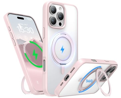 Niunisi Stand for iPhone 16 Pro Case, [Compatible with Mag Safe] 360° Rotatable Ring Holder Kickstand Military Shockproof Protective Case for iPhone 16 Pro 6.3 Inch, Pink