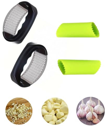 Prensa de ajos balancin acero Inoxidable [2 pcs] y pelador de Ajos [2pcs] modelo 2024, machacador de Ajos, picador de Ajos Manual,Triturador,Exprimidor, Aplasta Ajos. Pela y pica ajos de forma fácil