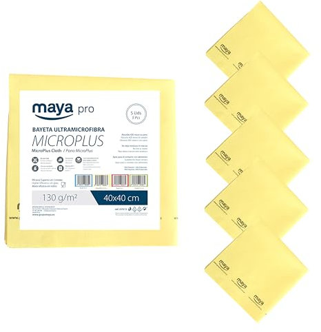 Maya Bayeta MICROPLUS. Especial para Vajillas y Cristales. No Deja Marcas. Muy Absorbente y de Secado Rápido. 100% Microfibra. Pack de 5 Unidades (Amarillo)