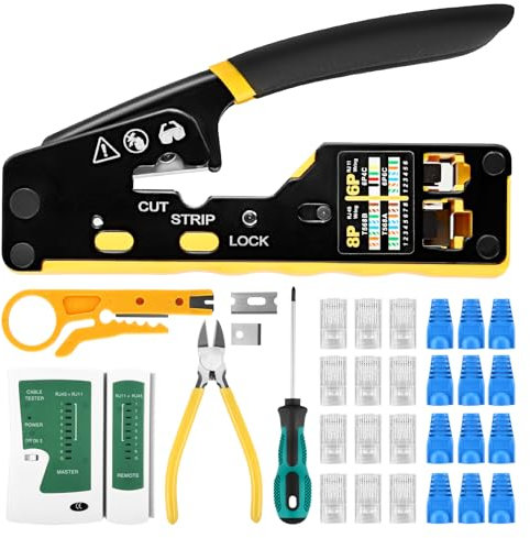 RJ45 Crimpzangen-Set – Netzwerk-Werkzeugkit mit Crimpzange, LAN-Tester, Abisolierer & mehr | Ideal für CAT5e, CAT6, CAT6A & CAT7 Kabel | Inkl. 50 CAT6 Stecker & Schutzkappen