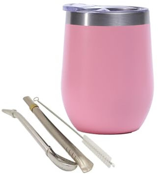 STOUCLA Taza de té mate de doble pared de acero inoxidable resistente al calor con tapa sin BPA, dos pajitas y cepillo de limpieza (rosa)