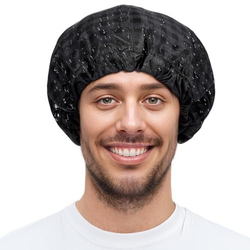 Ymapinc Waterproof Black Shower Cap, Reusable Large Shower Cap Men, Adjustable Reversible Terry Lined, Elastic Band, Stretch Hem, Suitable for Long Curly Hair, Braids