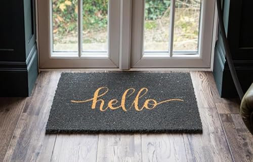 FloorPro Grey Printed Novelty Hello Door Mat Indoor/Sheltered Outdoor Use 45cm x 75cm Natural Coir Welcome Mat - Decorative Print