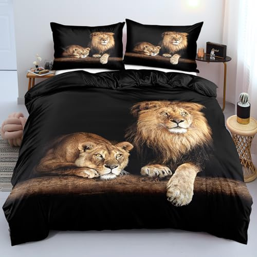 Luowei Löwe Bettwäsche 135x200cm Teens Jungen Tieremotiv Schwarz Braun Mikrofaser Bettbezug Set Weich 3D Effekt Bettwäsche 2teilig mit Reißverschluss und 80x80 cm Kissenbezug