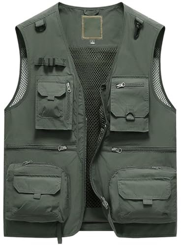 YOUTHUP Mens Utility Fishing Vest Outdoor Multi Pocket Work Vests Summer Hunting Photography Safari Gilet, Army Green, L