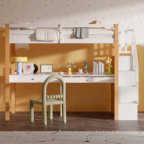 VixorLuilith Letto a soppalco per bambini 90 x 200 cm, letto singolo con scrivania, rete a doghe e protezione anticaduta, scaletta contenitore, letto a soppalco per bambini e bambine