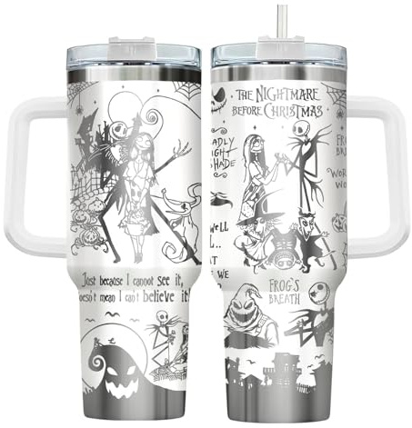 GEPOSTORE Spooky Christmas Tumbler – 40 oz Laser Stainless Steel Mug with Handle – Nightmare Halloween Movie Cup Gift for Fans of Dark Romance, Birthdays & Holidays