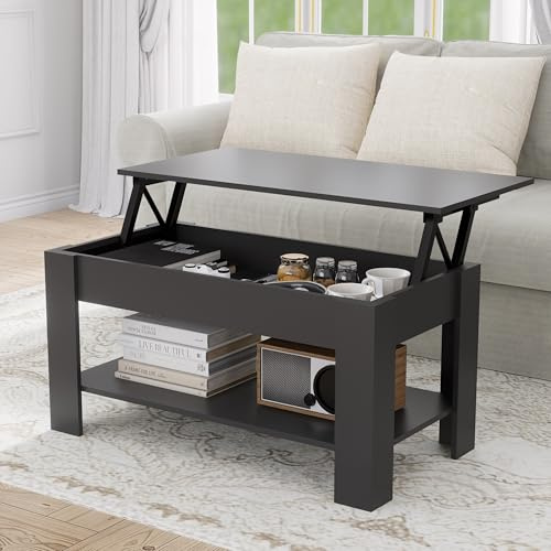 Nera Wooden Lifting Coffee Table With Hidden Storage and Shelf for Living Room Home Office (Black)