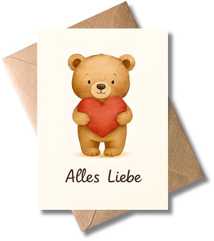 WBdesignz Süße Bären-Grußkarte mit Umschlag - „Alles Liebe“ Karte für Geburtstag, Freund*in, Partner*in oder als Trost - niedlicher Teddybär mit rotem Herz, romantisch & herzerwärmend (DIN A6)