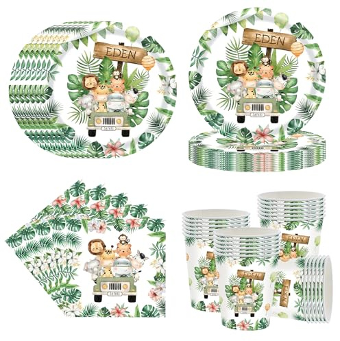 Jungle Safari Thème Vaisselle, Service de Table 60 pièces sur le Thème des Animaux de la Forêt pour 20 Personnes, Comprend Assiettes, Serviettes et Gobelets en Papier, Assiette Anniversaire
