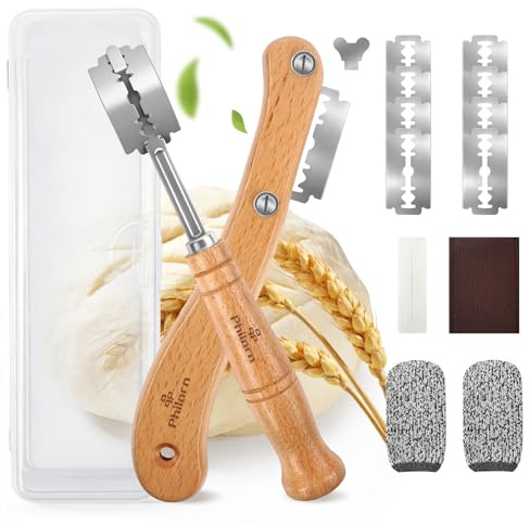 Philorn Bäckermesser Teigmesser 2er Set Brot Lahm Scoring Tool Set für Gerade und Geschwungene Schnitte mit 10 Rasierklinge & 1 Kunststoffbox für DIY Brotteig Backformen Küche