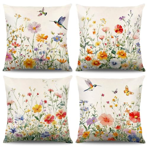 4 Stück Frühling Kissenbezug 40x40 cm,Kissenbezüge Frühlingsblumen,Frühlingsdeko Kissen Kissenhülle Leinen, Blumen,Vögel,Wildblumen,Schmetterlinge,Tulpen,für Schlafzimmer Wohnzimmer Sofas Deko (C)