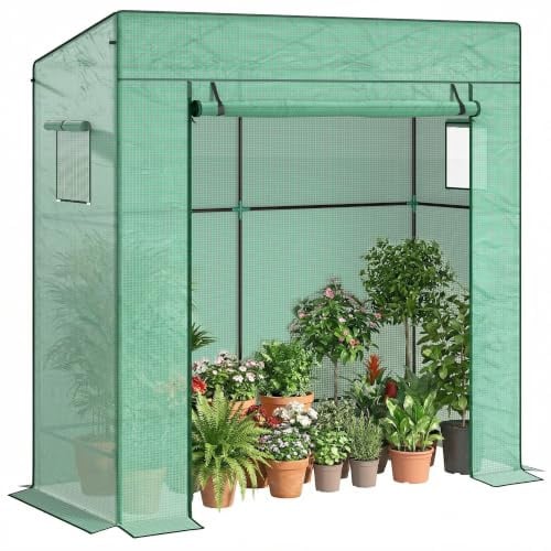 Outsunny Tomatengewächshaus Rolltor Netzfenster 196 x 77 x 197 cm Grün | Foliengewächshaus, Schrägdach, Stabil Gewächshaus, PE-Folie, Erdhaken, Tomatenhaus, Treibhaus, Garten Balkon Terrasse