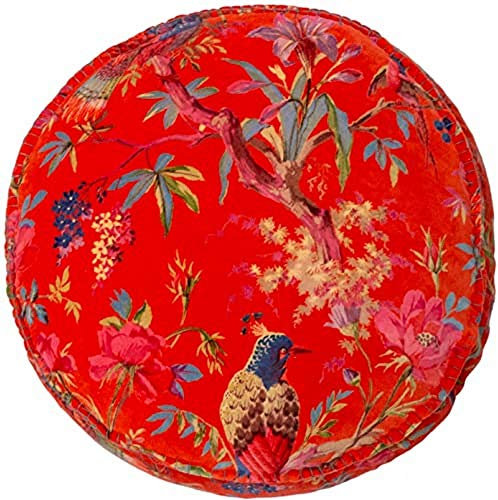 Riva Paoletti Paradise Round Cushion Cover Orange Colourful Bird Print Velvet Fabric Blanket Stitched Edges 100% Cotton 50 X 50 X 12Cm (20 X 20 X 5 Inches), 50 X 50Cm (20 X 20)