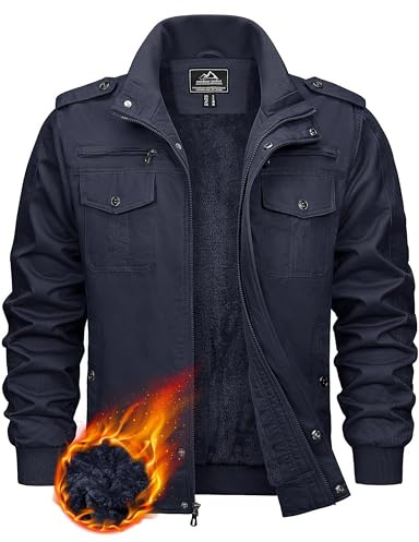 KEFITEVD Winter Fleece Cargo Jackets for Men Warm Thick Military Bomber Jacket Multi Pocekt Windproof Work Coat