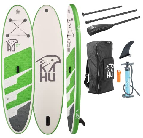 KAHU® Joy 9’8’’ Stand up Paddling Board – aufblasbares iSUP Board komplett Set inkl. Alu-Paddel und Pumpe - Allroundboard für Einsteiger – 15cm Dick – 120kg Traglast – Kajak Sitz als Zubehör – Grün