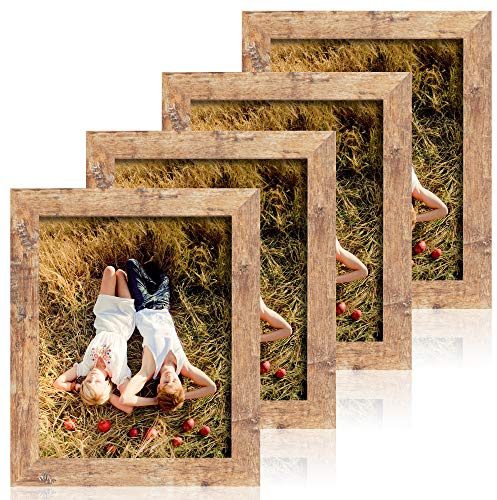 iRahmen 8x10 Picture Frame Set of 4, High Definition Real Glass Rustic Brown Frame, 8 x 10 Wood Photo Frames for Desktop Display and Wall Mounting