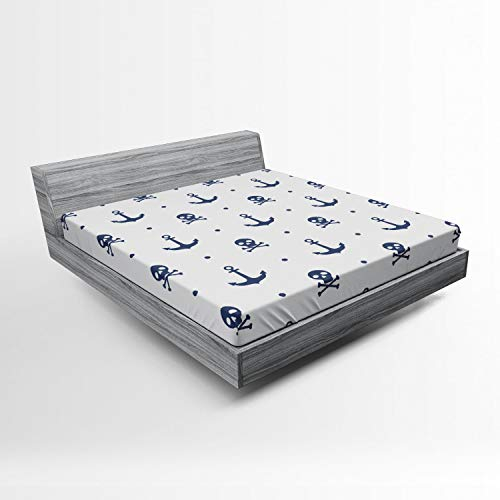 ABAKUHAUS Ozean Spannbetttuch, Anker und Schädel-Knochen, Soft Dekorativer Stoff Bettwäsche Rund-um Elastischer Gummizug, 160 x 200 cm, Blau