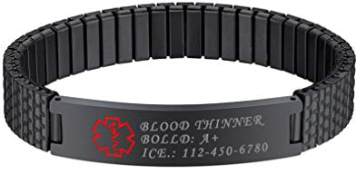 Bandmax Damen Herren Medizinische Alert Symbol ID Armband Schwarz Edelstahl Armband Manschette Allergie Notfall Stretcharmband Schmuck für Geburtstag