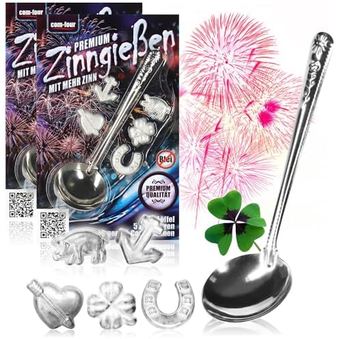 com-four® Premium Zinngießen mit 10 extra schweren Figuren und 2 Löffeln, Silvestergießen das Wahrsagerei-Partyspiel die gesunde Alternative zum Bleigießen - Big Pack (Best - 5g - 12-teilig)