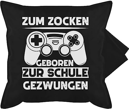 Kissenbezug - Statement Kissen mit Sprüchen - Zum zocken geboren Schule gezwungen - 50 x 50 cm - Schwarz - zockerkissen spruch zock kuschelkissen gamerkissen bedruckte+kissen+mit+spruch sprüche