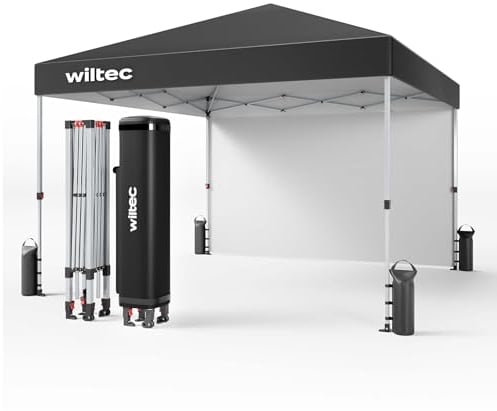 Wiltec Faltpavillon 3 x 3 m grau mit Rädern, Faltpavillon mit „One Push“-Technologie, Gartenpavillon mit UV-Schutz 50+, Pavillon für Camping