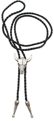 Faderr Western-Texas Langhorn-Krawatte aus Büffelleder mit Totenkopf, Rodeo-Bolo-Krawatte, Unisex, verstellbar, silberfarben