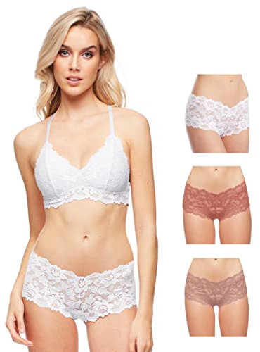 Jenny Jen Zoe 3-Pack Lace Hipster Underwear for Women, Cheeky Stretch Bikini Panties Set (X-Large, White-Rose-Moonshell)