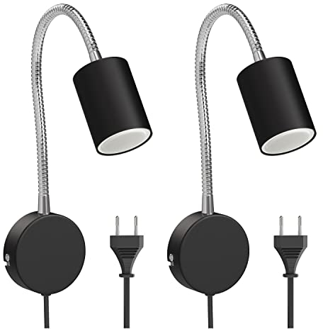 ledscom.de 2 Stück Leselampe WAIKA mit Schwanenhals, Stecker, Schalter schwarz matt, inkl. GU10 LED Lampe 450lm LED GU10 Lampe, warm-weiß