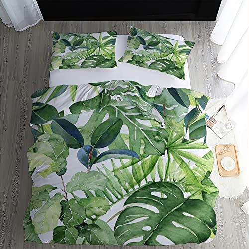 Bettwäsche Monstera 135 x 200 cm 2teilig Set - Wendebettwäsche Bettbezug Pflanze mit 1 Kissenbezüge 80x80 cm, Mikrofaser Bettwäsche-Set mit Reißverschluss