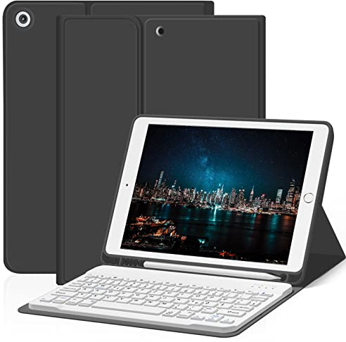 ZOYU Hülle mit Tastatur für iPad 9. Generation 2021/iPad 8. Generation 2020/iPad 7. Generation 2019, iPad 10,2 Hülle mit Tastatur, Bluetooth Tastatur Folio mit Stifthalter, QWERTZ Layout, Schwarz