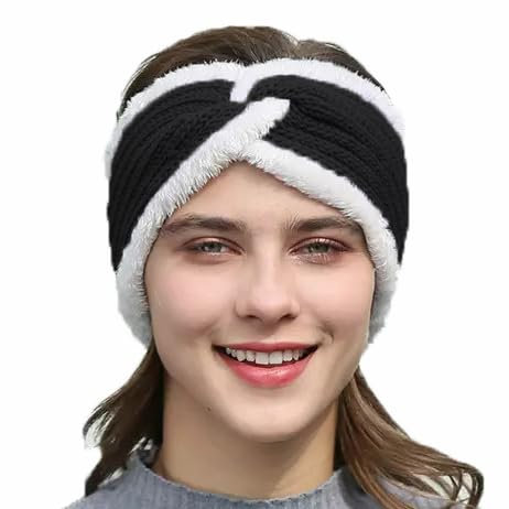 Fashband Winter gestricktes Stirnband Twist Chunky Fleece gefüttert Head Wraps elastische thermische Crochet Turban Haarbänder für Frauen und Mädchen(Schwarz)
