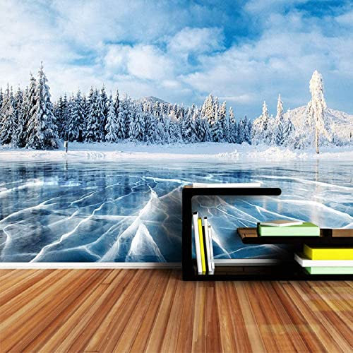 Papier Peint 3D Moderne, Auto-Adhésif Et Amovible Hiver Lac Fissure Pin Arbre Bleu Ciel Peintures Murales Peel And Stick Stickers Muraux Pour Salon Chambre Décoration Murale Affiches Murales Amovible
