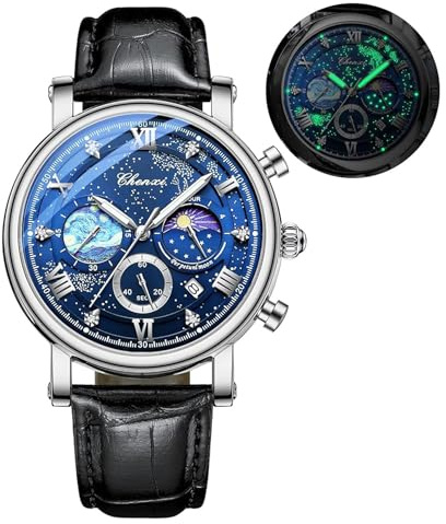 FANMIS Men's Classic Multifunctional Military Sports Analog Watch Business Dress Waterproof Luminous Chronograph Starry Sky Moon Phase Leather Wristwatch (Blue)