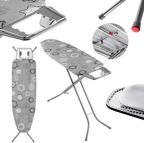 KADAX Table à Repasser 120 x 38 cm, Planche Pliable avec Housse en Coton, Support de Fer Intégré, Pieds Antidérapants et Reglable Hauteur (Gris)