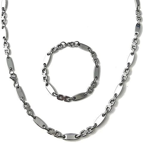 ayados Plattenkette Set Edelstahl 60cm 4mm bis 10,5mm Cuban Halskette + Armband Platten Kette (6,5mm x 60cm, Plattenkette Silber)
