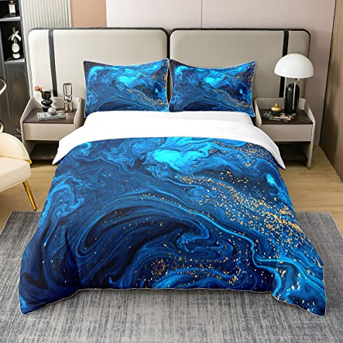 Steinmuster Bettbezug 100% Gewaschene Baumwolle Blau Marmor Tröster Abdeckung Trippy Fluid Flüssige Bettwäsche Set für Kinder Jungen Teen Zigeuner Goldene Abstrakte Muster Steppdeckenbezug,155x220