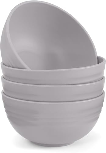 Odoland Cereal Bowls 4 Pieces, Unbreakable and Reusable Light Weight Bowl for Rice Noodle Soup Snack Salad Fruit Dishwasher Safe, Microwave Safe for Family Indoor Outdoor Grey