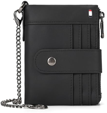 LUUFAN Portefeuille Homme avec Chaîne Cuir Véritable Double Fermeture éclair Portefeuille Bifold Pochette de Monnaie Porte Carte de Crédit (6002-Noir)