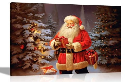 Artley Prints - Santa Holding Presents Canvas Wall Art Prints Home Decor Christmas Framed Pictures Colourful Painting Reprint 40 x 30cm (16 x 12 inches) A3