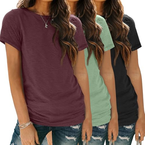 SUNBS Womens Summer Tops Short Sleeve T-Shirts Fashion 3 Pack Basic Tees Comfy Clothes Workout Casual Vacation Outfits 2026 RedGreenBlack XL