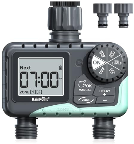 RAINPOINT Bewässerungscomputer 2 Ausgänge, IP65 Wasserdicht Wasser Zeitschaltuhr mit Regenverzögerung/Manueller Bewässerung, Automatische Bewässerungsuhr für Garten Rasen
