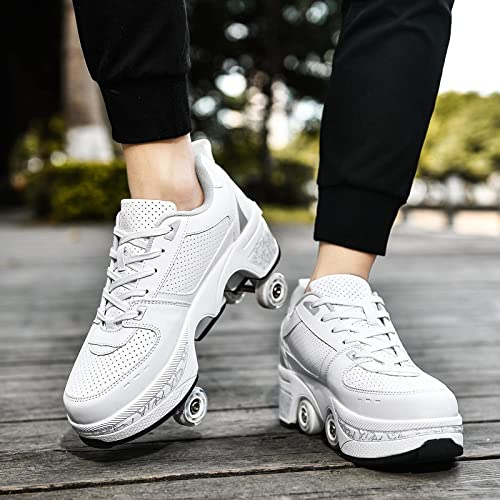 Rollschuhe für Kinder, verstellbare Rollerskates für Mädchen, Quad-Skates-Deformationstrainer für Erwachsene und Anfänger, Turnschuhe mit unsichtbarem Rad für Jungen (Weiß, EU 36)