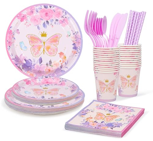 fanquare 24 Guests Party Tableware Set 192Pcs Purple Butterfly Floral Birthday Decorations Party Dinnerware Recyclable Party Plates Cups Napkins for Kids Baby Shower Birthday