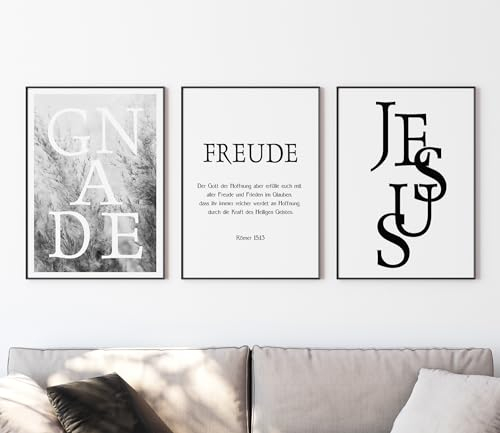 timalo SALT-AND-LIGHT® Christliche Wandbilder Bibelverse Deutsch Poster 3 Stück im 3er Set Wanddeko Wohnzimmer Deko Schlafzimmer | Gnade Freude Jesus | 70x50cm