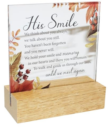 Placa conmemorativa de cristal sobre una base de madera - His Smile