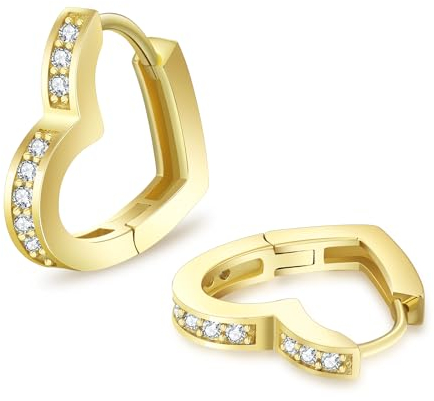 KRKC&CO Herz Ohrringe Creolen Silber 925, Damen Ohrringe Herz Form, Hypoallergen Antiallergisch Baumeln Klappcreolen Kreolen Huggie 15mm, Geburtstag Geschenke für Frau Mädchen, mit Zirkonia 14K Gold
